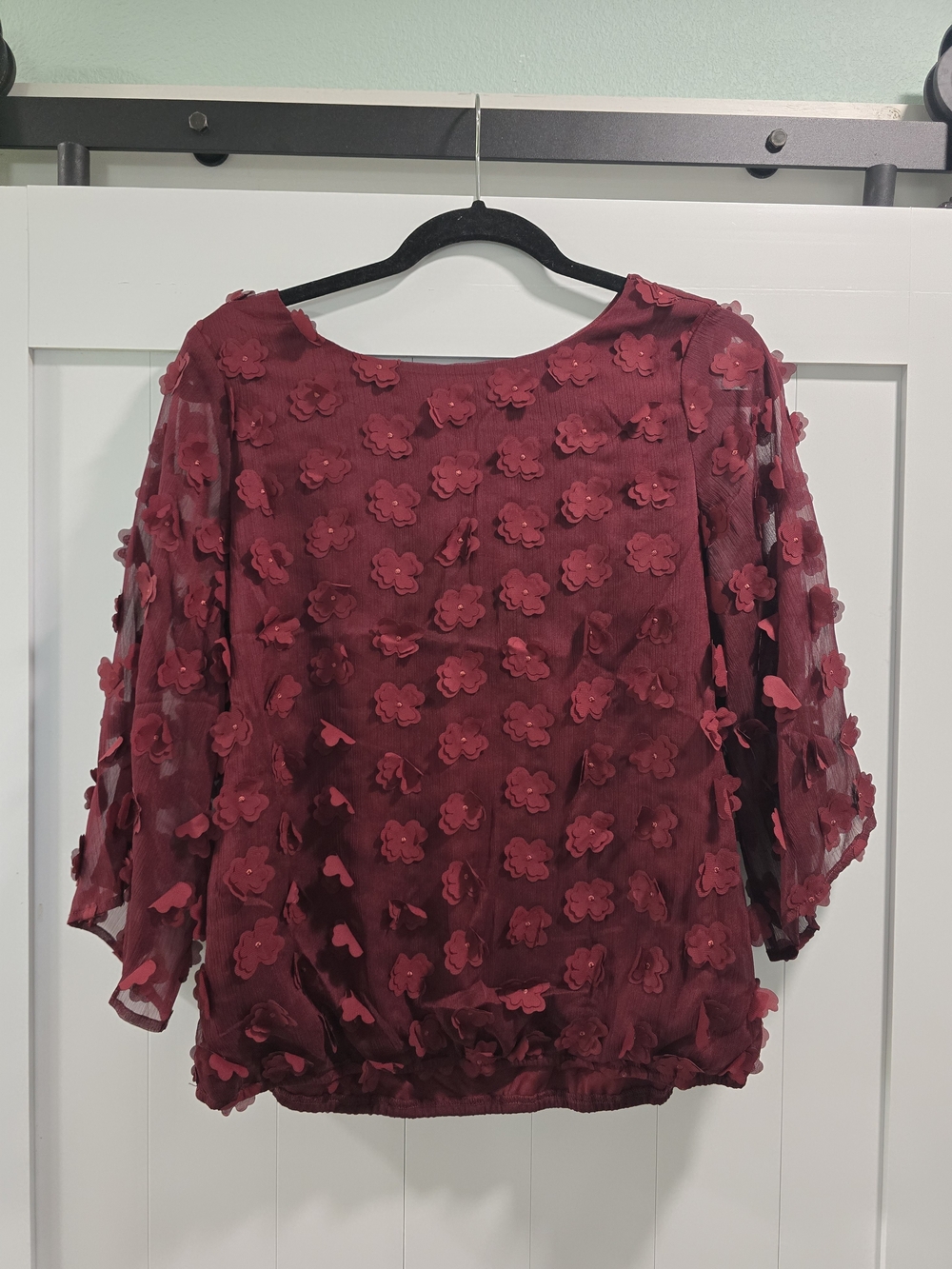 ECI Wine Red 3D Floral Mesh Blouse